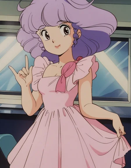 masterpiece, best quality, very aesthetic, absurdres,retro artstyle,1980s \(style\),1girl, solo,purple hair,pink dress,looking at viewer,smile, <lora:creamymami_xl_v1:0.75>