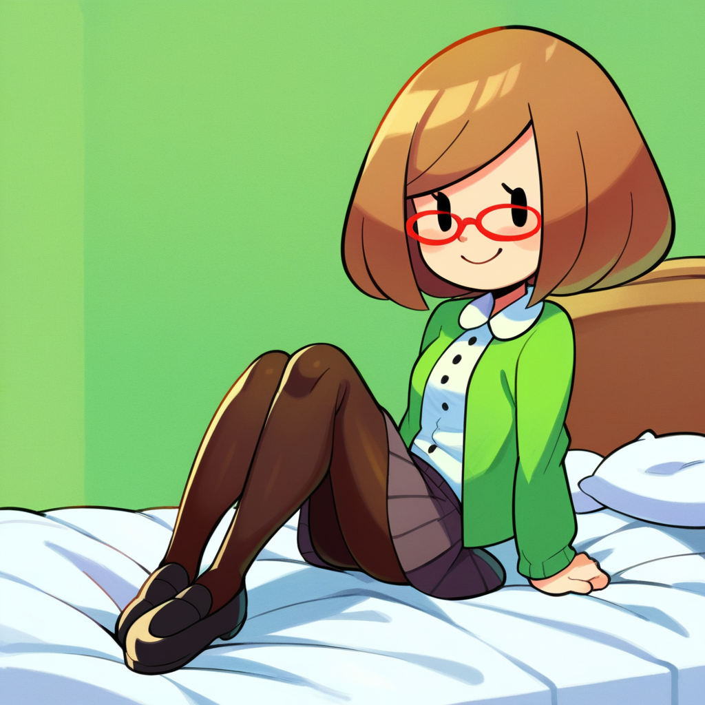 zPDXL, score_9_up, score_8_up, score_7_up, best quality,  source_anime, green background, bedroom, detailed background, arms at sides, BREAK 1girl, solo, nikki_(/swapnote/), brown hair, dot eyes, red glasses, bob cut, white button shirt, green coat, long sleeves, skirt, pantyhose, black shoes, smile, sitting, bed, <lora:PDXL_Nikki_Swapnote:1>