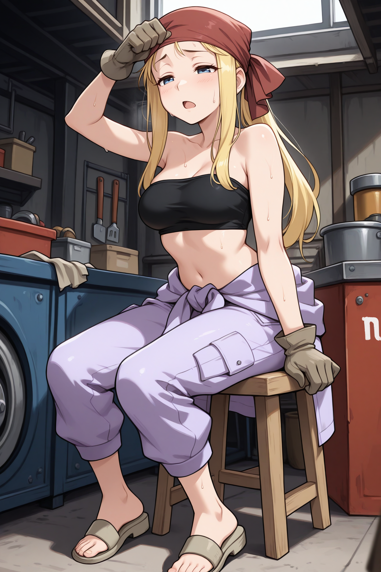 masterpiece, best quality, 1girl, solo, <lora:winryrockbell-illu-nvwls-v1-000007:1> wnrbll, blonde hair, sidelocks, long hair, blue eyes, red bandana, black bandeau, midriff, clothes around waist, light purple pants, brown gloves, sandals, sitting, medium breasts, workshop, garage, sweat, wiping brow, open mouth, stool, tired, half-closed eyes
