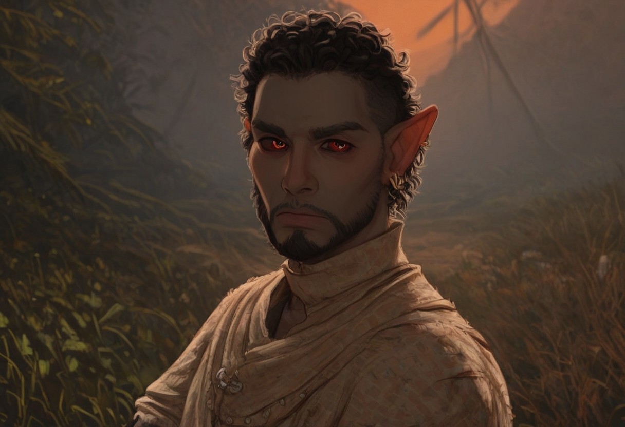 solo, short pointy ears, full body, piercings, random elf face, aquiline features, male dark elf, masculine, facial hair, brow rings, beaded piercings, weathered skin, blue-grey skin, chiseled features, large nose, insect chitin armor, insect chitin helmet, insect chitin ornaments, stylized insect pattern, athletic build,  animated realism, zoomed out, Syrian features, torso, yurts, tents, native camp, elegant berber tapestries, dead desert trees, ash dunes, distant volcano, ashy soil, grey green foliage, distant grey hills, sunrise, gloomy lighting, grey fabric awnings, dark wood posts, light dust clouds, grey-blue skin, grey skin, mahogany and ivory clothes, medium armor, bone plate armor, ivory straps and fittings, alien bone ornaments, grey wood neckguard, dark red sclera, black pupils, blue-green light, neon, highly detailed, defined features, looking at viewer, three quarters view, from side, dynamic lighting, 29 years old, light and shadows, patterned cloth, annoyed expression, expressive eyes, detailed medieval clothes, short hair, wavy hair, thick hair, beaded hair, braided hair, under cut hair, semirealistic, alien elf, spanish features, jewish features, black hair, dark red hair, umber skin, sharp features, pastel green inuit print cloak, nighttime, high detail, absurdres, pretty eyes, detailed eyes, red eyes,