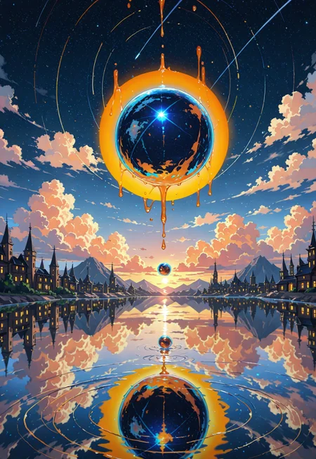 masterpiece, best quality, amazing quality
,outdoors, sky, cloud, water, blue_sky, no_humans, glowing, cloudy_sky, building, 1other, scenery, floating, reflection, mountain, fantasy, planet, orb, reflective_water,A surreal, sci-fi digital illustration shoot from a low-angle perspective about a surreal landscape with a floating object resembling a floating creature, dripping with liquid, against a backdrop of a sunset sky filled with clouds and a distant city. the image also shows a reflective surface with ripples and floating objects. on the middle of the image, a stylized, black, slime-like creature appears to be floating, with two large, glowing blue eyes and a smooth, glossy texture. it is suspended in mid-air by thin, black tubes. the creature is surrounded by a calm, reflective water surface, with reflections of the sky and clouds visible on the surface. the sky is filled with orange and yellow hues, with a few clouds scattered throughout, creating a dramatic and otherworldly atmosphere. the background features a starry sky with a contrail running across it, adding to the sense of depth and dimensionality in the image.
1girl, solo, looking at viewer, blue eyes, water, sky, cloud, reflection, floating, moon, cloudy sky, floating object