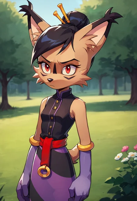 score_9, score_8_up, score_7_up, source_furry, nicole the lynx, brown body fur, black short hair, hair stick, hair bun, red eyes, black facial mark, small breasts, sleeveless dress shirt, bracelet, purple elbow gloves, red sash, long striped skirt, park