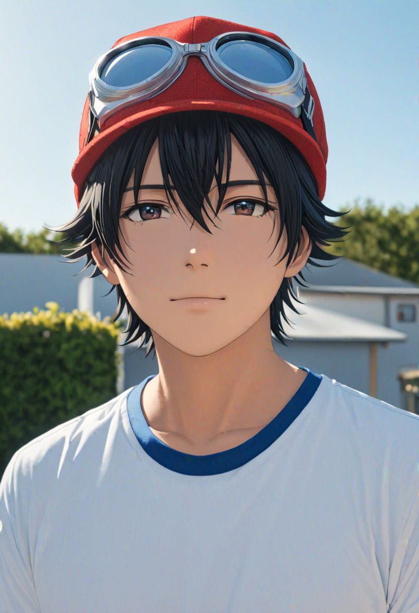 (4k), extremely detailed, hyper detailed, high resolution, professional photography, best quality, candid photo, 1boy, solo, male focus, easynegative, Yuusuke Fujisaki, Red Hat, Black Hair, white blue collar t-shirt inside a white shirt with the top collar open, outdoor, looking at viewer, candid photo, goggles