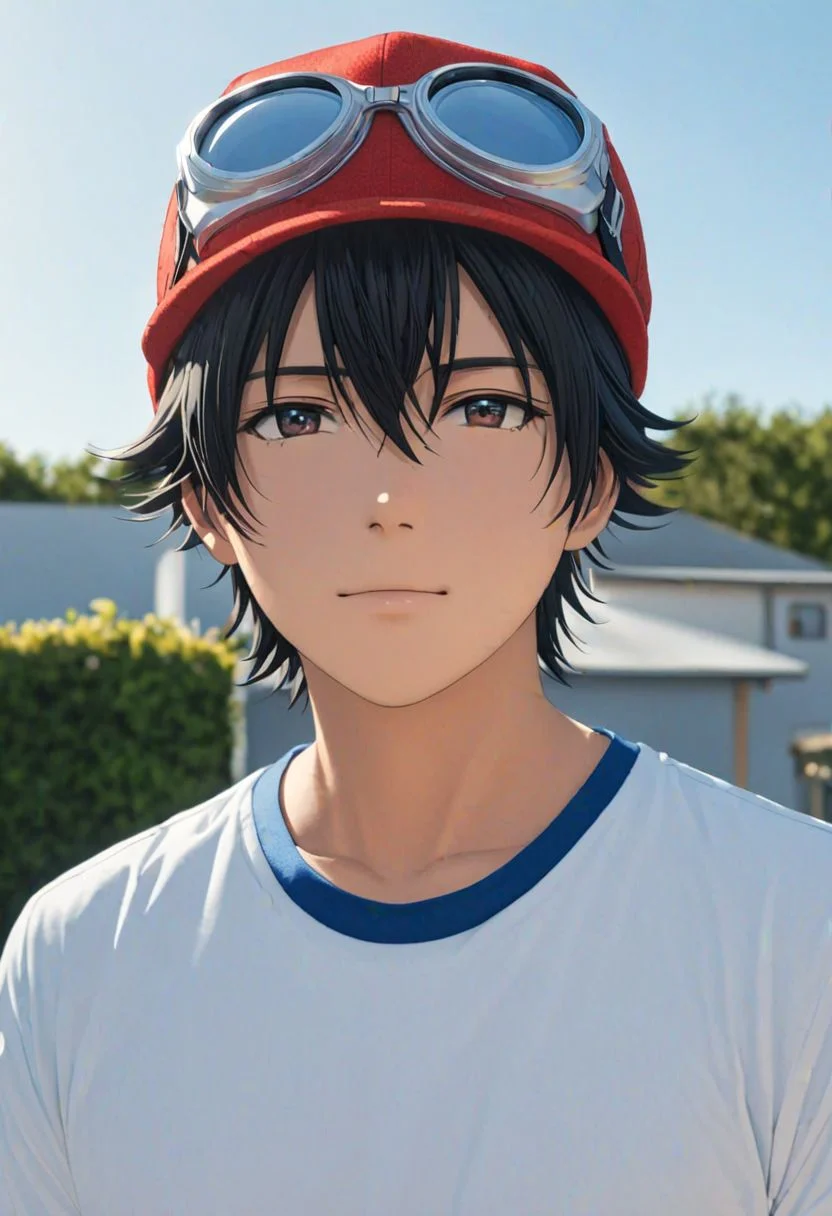 (4k), extremely detailed, hyper detailed, high resolution, professional photography, best quality, candid photo, 1boy, solo, male focus, easynegative, Yuusuke Fujisaki, Red Hat, Black Hair, white blue collar t-shirt inside a white shirt with the top collar open, outdoor, looking at viewer, candid photo, goggles