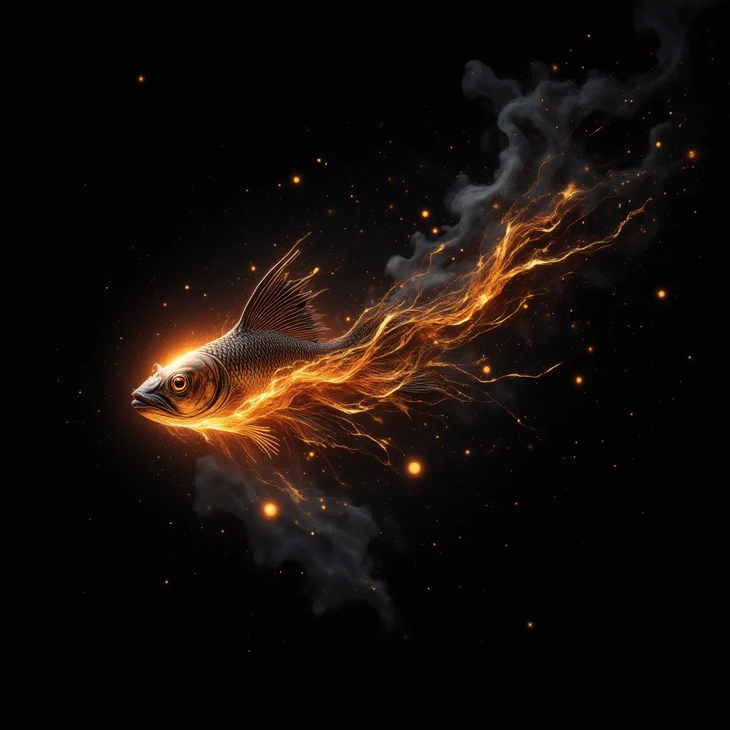 fish made out of singular intricately flowing light strands against a black background, swirling particles, abstract graphics, contours of a burning tree hidden in smoke, majestic, concept art, flowing light, glowing dust