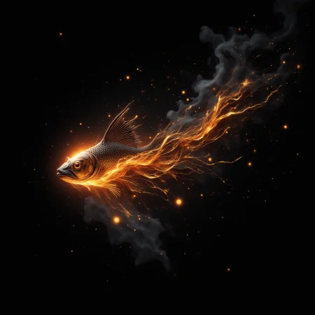 fish made out of singular intricately flowing light strands against a black background, swirling particles, abstract graphics, contours of a burning tree hidden in smoke, majestic, concept art, flowing light, glowing dust