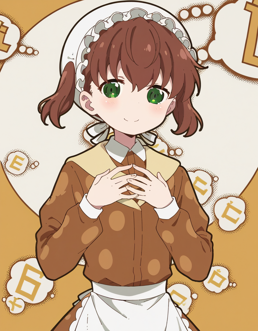 score_9, score_8_up, score_7_up, source_anime, <lora:nae-saikawa-s2-ponyxl-lora-nochekaiser:1>, nae saikawa, bangs, brown hair, hair between eyes, twintails, green eyes,, skirt, shirt, long sleeves, hat, collared shirt, apron, white headwear, polka dot, waist apron, white apron, frilled apron, brown shirt,, bookstore, browsing shelves, new book smell, finding a favorite, quiet atmosphere, smile, looking at viewer, hands on own chest,, solo,, dutch angle,