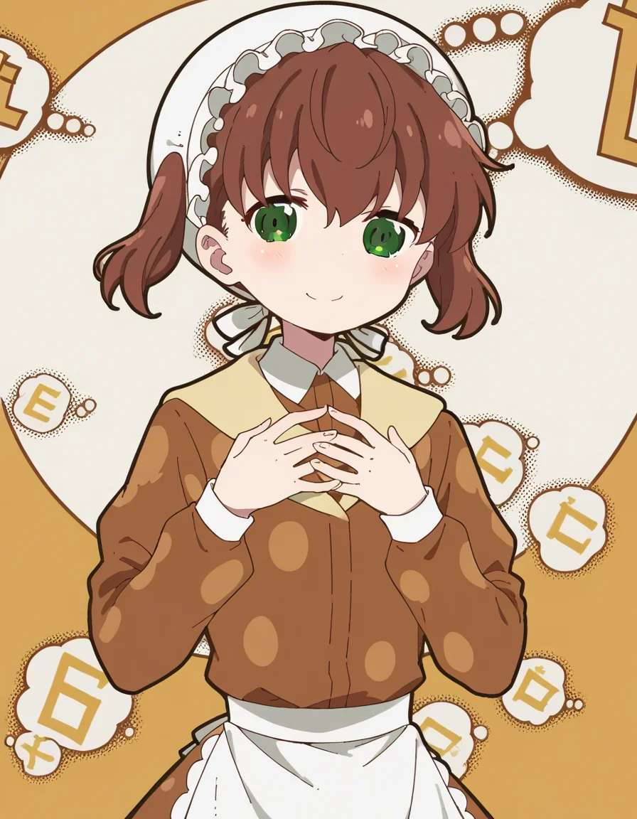 score_9, score_8_up, score_7_up, source_anime, <lora:nae-saikawa-s2-ponyxl-lora-nochekaiser:1>, nae saikawa, bangs, brown hair, hair between eyes, twintails, green eyes,, skirt, shirt, long sleeves, hat, collared shirt, apron, white headwear, polka dot, waist apron, white apron, frilled apron, brown shirt,, bookstore, browsing shelves, new book smell, finding a favorite, quiet atmosphere, smile, looking at viewer, hands on own chest,, solo,, dutch angle,