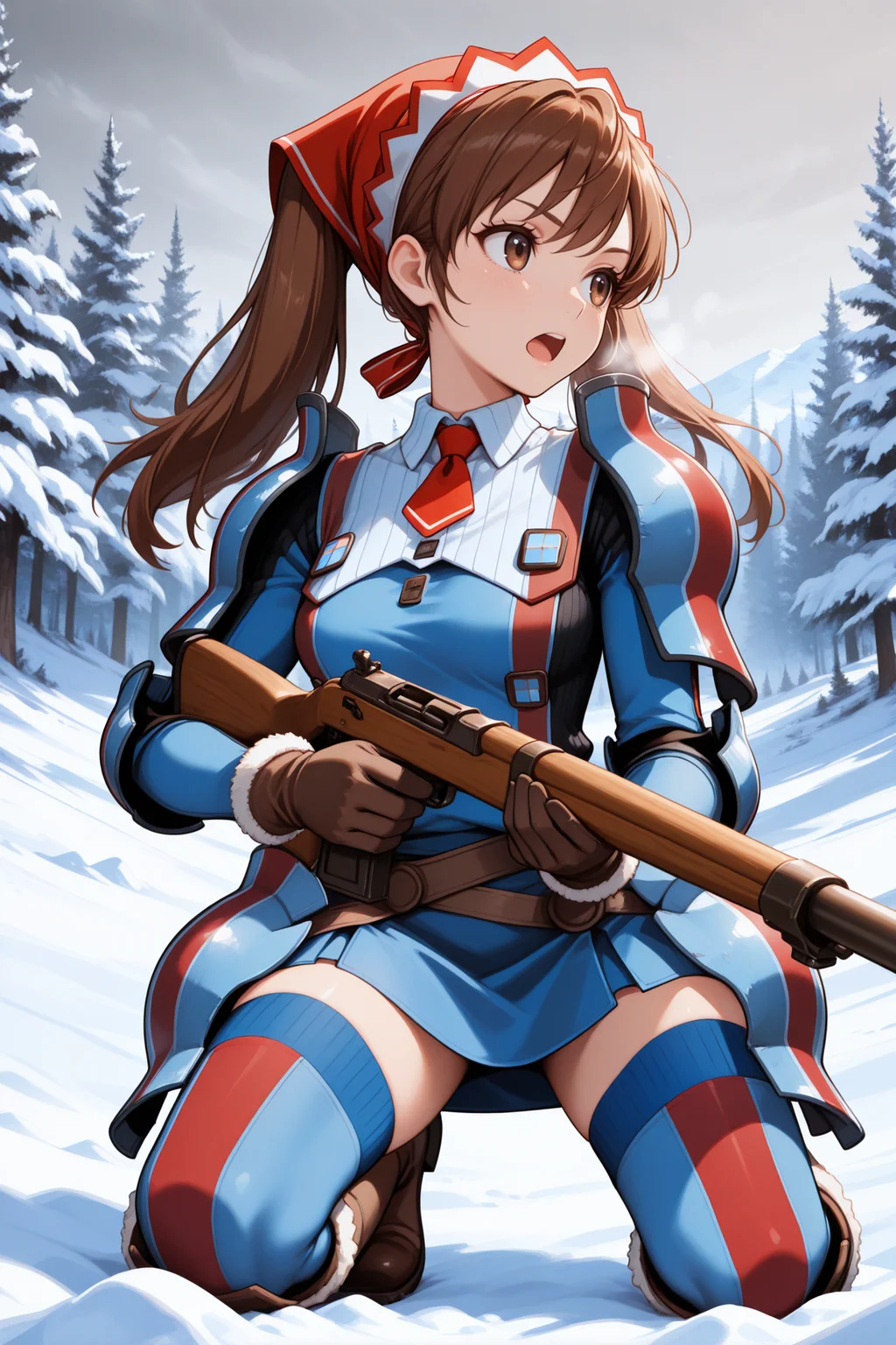 masterpiece, best quality, 1girl, solo, <lora:vcalicia-illu-nvwls-v1-000006:1> vcalc, twintails, brown hair, long hair, brown eyes, red headscarf, blue armor, striped armor, shoulder armor, collared shirt, ribbed shirt, red necktie, short necktie, brown gloves, blue skirt, blue thighhighs, red striped thighhighs, brown boots, aiming rifle, kneeling, looking to the side, open mouth, grey sky, winter, alpine forest