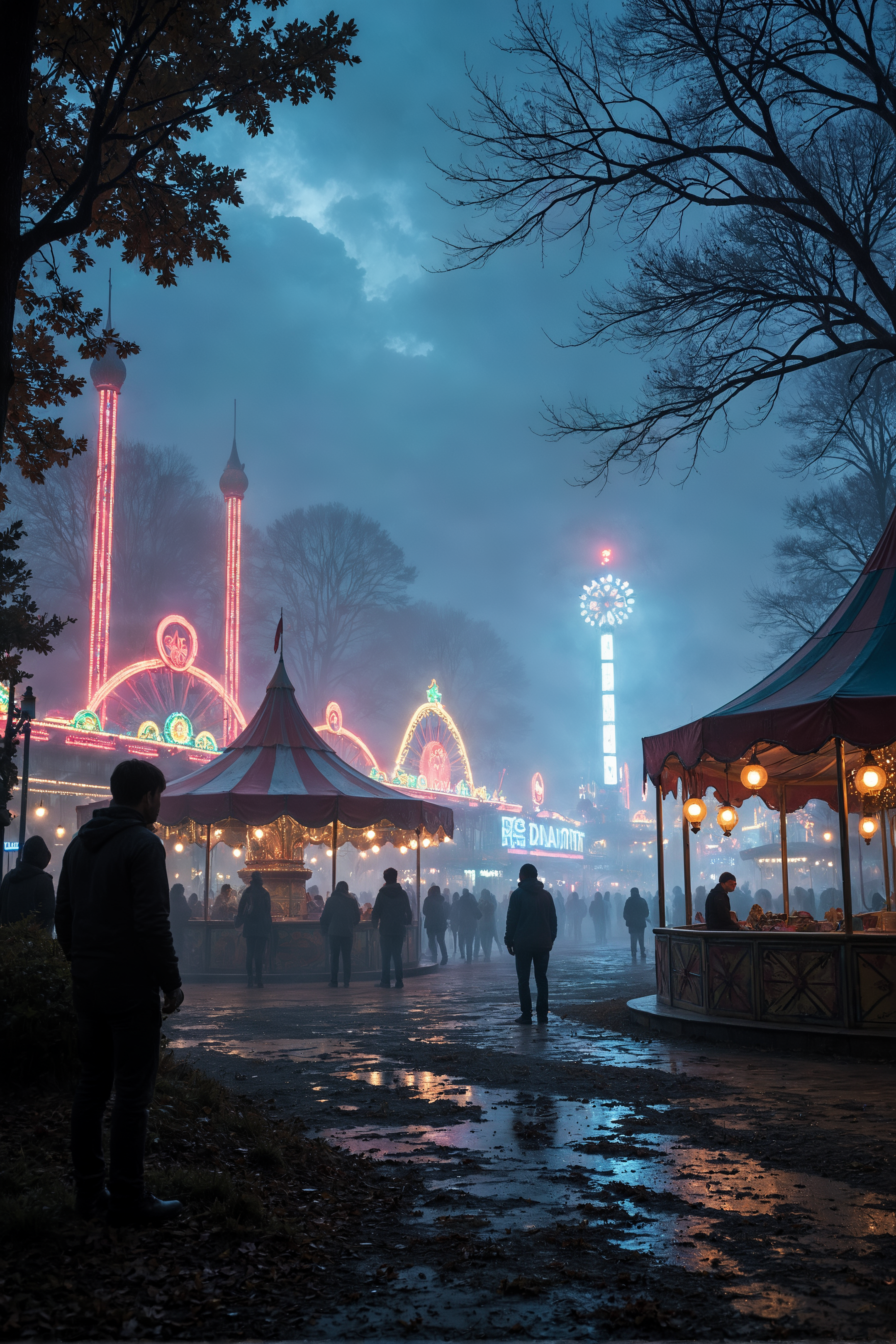 Stable_Yogis_PDXL_Positives,Foggy Carnival Scene in a Amusement Park, a carnival scene enveloped in fog, with colorful lights barely visible through the haze. The atmosphere is mysterious and dreamlike, inviting exploration,, score_9, score_8_up, score_7_up