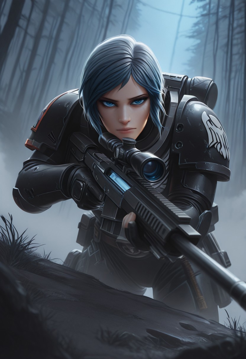 masterpiece, best quality, high quality, newest, highres,  HDR, absurdres, dynamic angle, realistic, 1girl, wearing edgRG_(power armor), pauldrons, raven emblem, solo, 1girl, Chloe Price, ChloePrice, blue hair, short hair, blue eyes, perfect eyes,  holding a sniper, silhouette, DMZ, creepy, backlit, haunted, rainforest, night sky, fog, mist, cold, dutch angle, dark interior, solo, close up, mid shot, dutch angle, <lora:edgIllustriousXL_Raven_Guard:1>