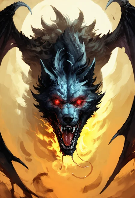 score_9, score_8_up, score_7_up, score_6_up, score_5_up, score_4_up,
<lora:FantasyPaintingsPonyXL:1> pa1nt1ng,
solo, looking at viewer, open mouth, red eyes, teeth, wings, tongue, no humans, saliva, glowing, animal, fangs, sharp teeth, glowing eyes, monster, dripping, wolf, demon, (theme), darkness