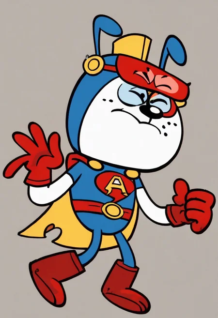 (score_9 | score_8_up | score_7_up) ((masterpiece:1))(best quality,very high quality,ultra detailed:1.2) (2D,cartoon style,anime style)(Smooth:2)(clean blurring) (four fingers on each hand,one thumb on each hand:1), solo, charles, dog, black spot on left eye, white, paws, happy, red blue and yellow super hero costume, blue super hero costume, super hero, red goggles, two side winged headpiece, yellow cape, thick red boots, red glove, 'A' Logo in the middle, AP Puppet,hand puppet, dog puppet