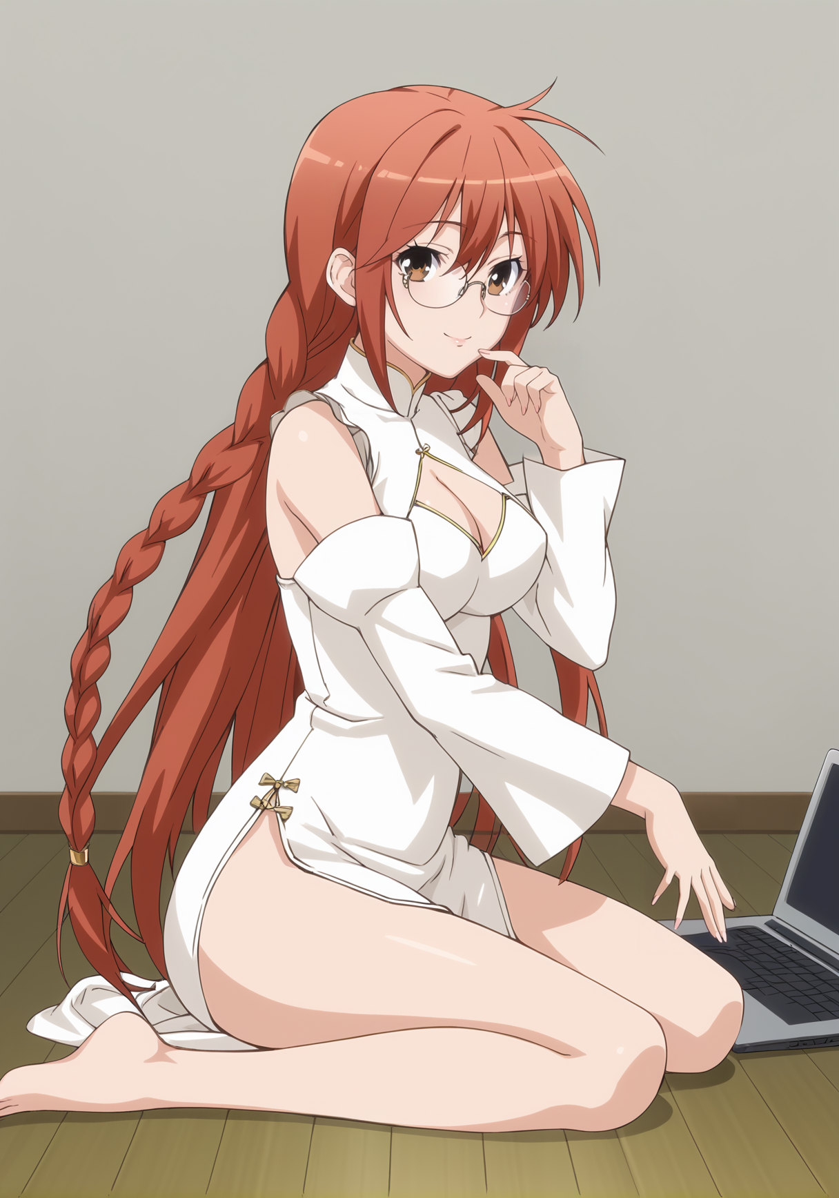 source_anime, anime screenshot, full body shot, from side, head turned to side, eyes looking at viewer, 1 hand adjusting glasses, seiza sitting, kneeling sit, 1 hand on knee, 1girl, solo, Matsu, (long hair:1.1), red hair, (long red hair:1.1), flowing hair, (fishtail braid:0.5), (twin braid:0.8), thin braid, long braid, brown eyes, glasses, finger to glasses, soft smile, white dress, cleavage cutout, detached sleeves, china dress, side slit, bare feet, sitting on floor cushion, open laptop, laptop on knee, indoor background, plain background
<lora:SekireiSet1:1>, score_9, score_8_up, score_7_up,1girl, solo,masterpiece, best quality, very aesthetic, absurdres