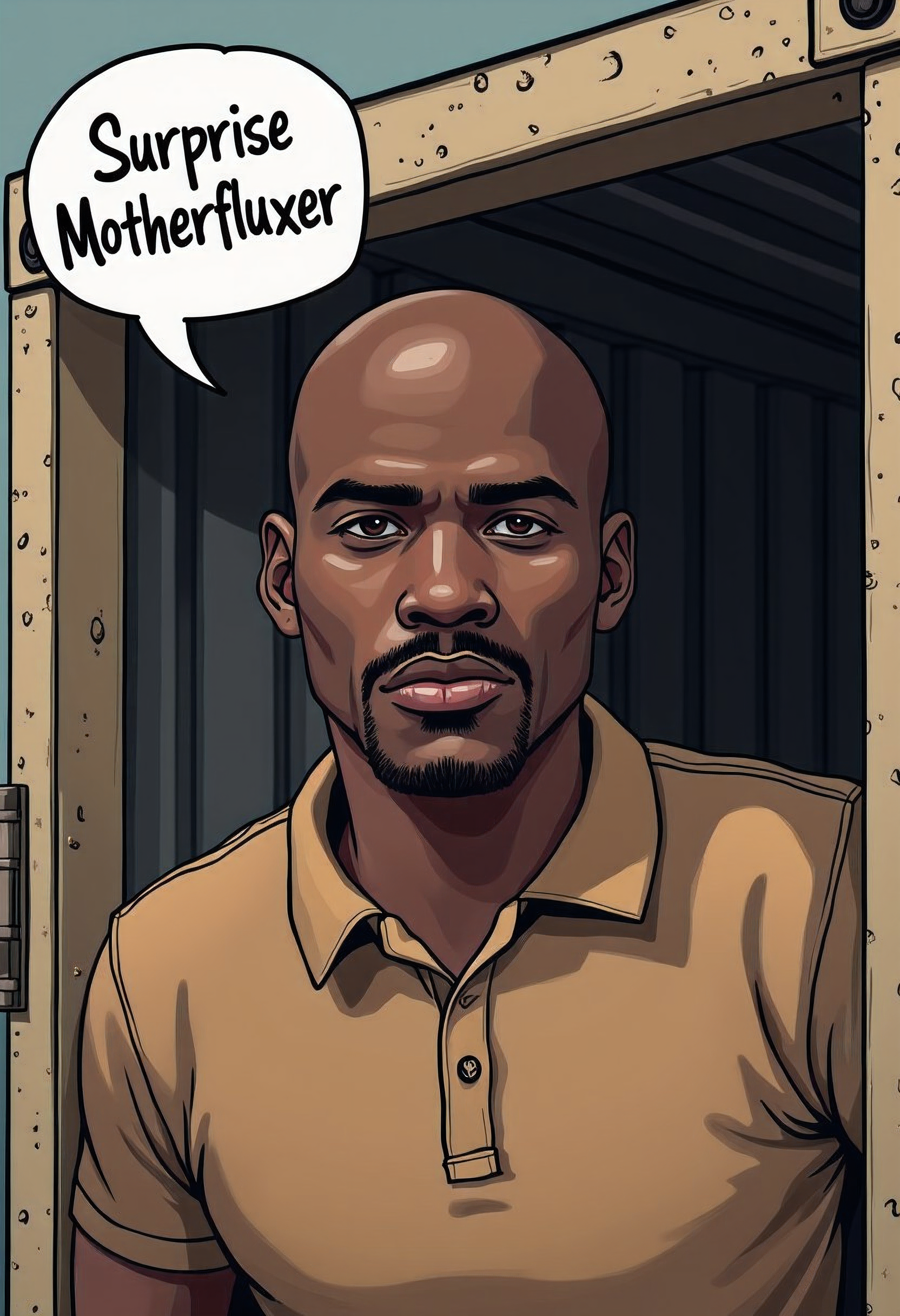 bald black man exiting a shipping container, brown polo shirt, moustache, speech bubble that says "Surprise Motherfluxer"