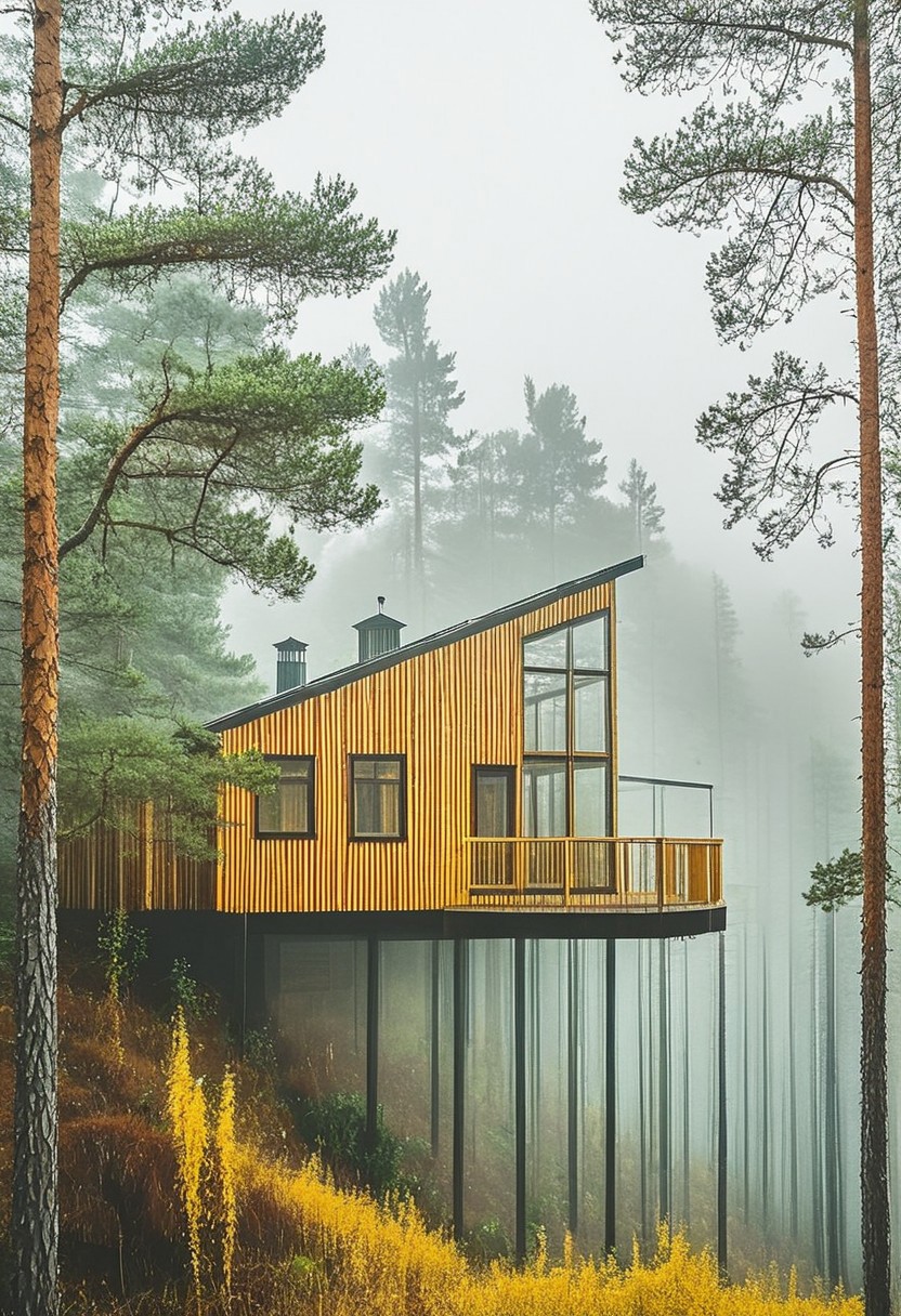 A two-storey greenhouse wooden cabin with a chimney, in the woods on a sloped surface supported by columns, surrounded by pine trees, fog, and yellowish grass.