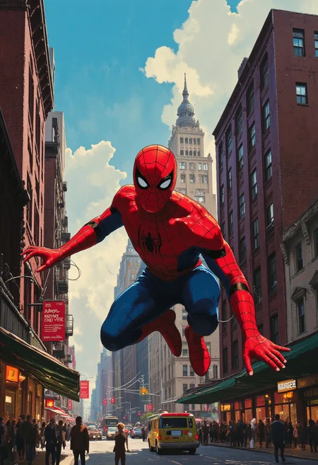 Vector art, uhd, 8k, 4k, epic, dramatic, marvel, spiderman, 4k quality, (Perfect hand:1.4), (masterpiece), (superhero), detailed,
Rendered in a style redolent of Impressionism, the painting utilizes a vibrant.
(Spiderman) swinging from building to building over the busy streetw of new york city. Facing the viewer, web line going from his hand to a building