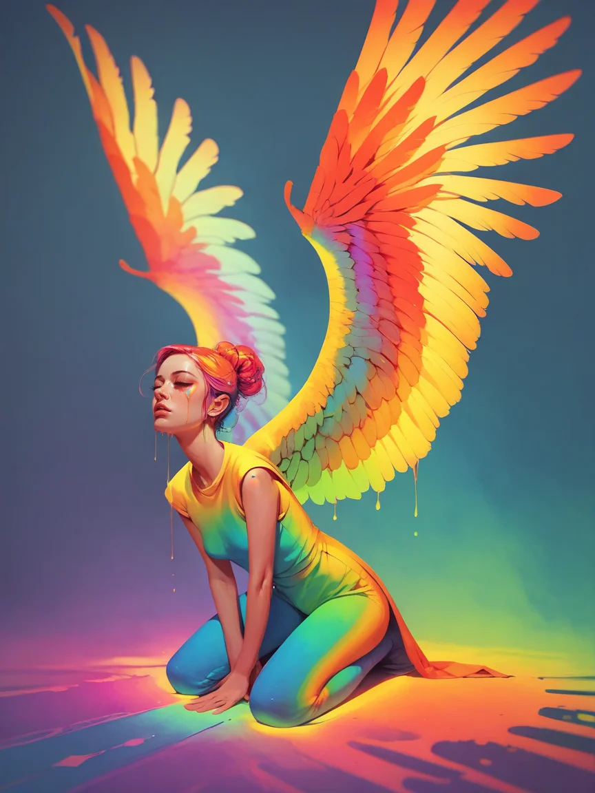 score_9, score_8_up, score_7_up, score_6_up, score_5_up, <lora:th3rm4lXLP:1> th3rm4l, solo, colorful, 1girl, thermal, orange, green, yellow, blue, kneeling, wings, dripping,