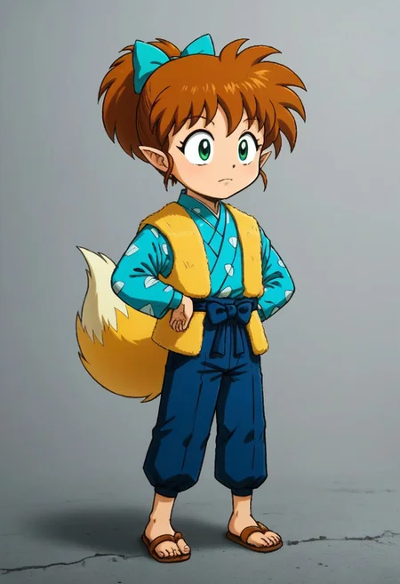 evi@decrepPunk, TangiriniStyle, 5 fingers,expressive eyes, young, 1boy, solo, Decrepit Bot fox tail, Decrepit Bot fox feet, turquoise bow, Cyber Punk happi shirt, fur vest, blue hakama pants, green eyes, brown hair, japanese clothes, Decrepit Bot pointy ears, Decrepit Bot tail, ponytail, moving, outside, <lora:Shippo_Inuyasha:1>