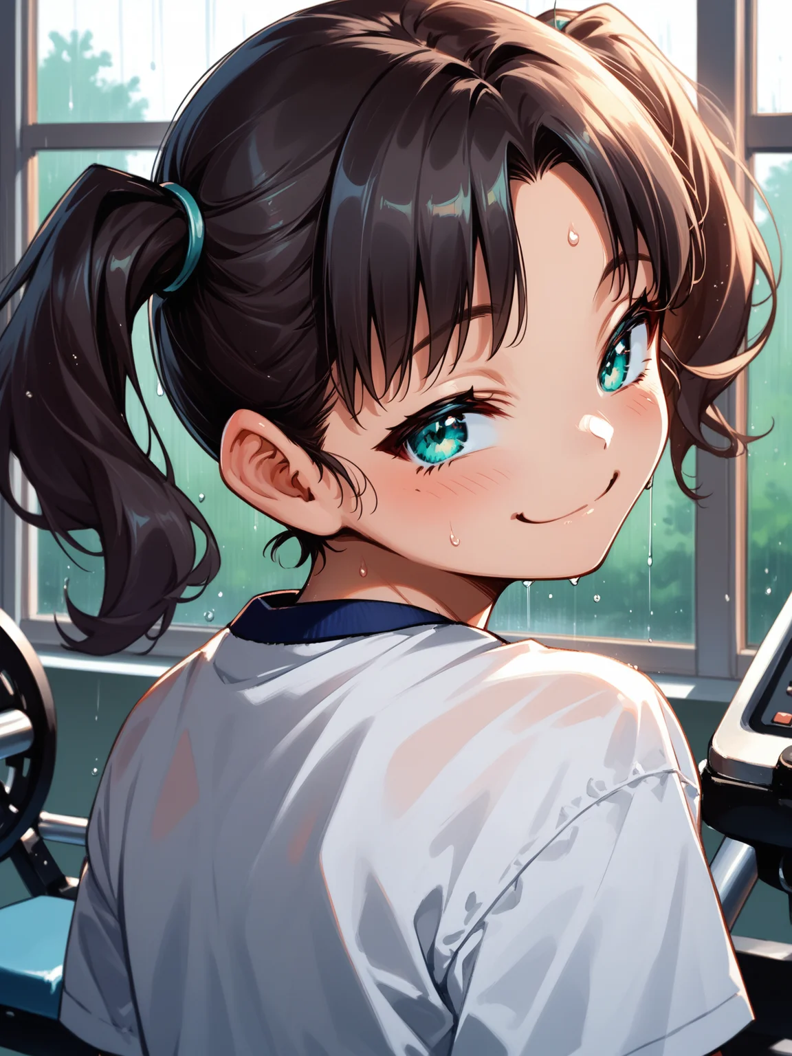 (upper body, solo focus:1.2) <lora:happy_tentacle-minori-v0.2-000027:1>, ht_minori, black hair, twintails, aqua eyes, , (petite:1.2), <lora:Shed_The_Skin's StS_age_slider_v1_initial_release:-1.2> ( :1.1) sweat ( ( head tilt :0.8) , , (naughty face :1.2) , smile , looking back :1.2) , indoors, ((dusk :0.6), rain :0.8), (open window :0.9), (furniture:0.9), , , , , ( :0.9), gym, training room, exercise machine, gym uniform ( :0.8) score_9, score_8_up, score_7_up, score_6_up, score_5_up, score_4_up, ( [(realistic, photorealistic:1.3):(realistic:1.2):14] [(3d:1.2)::12] :1) <lora:LUUNA's Lunas-NijiJourney-SDXL-B2:0.35>, nijijourney <lora:prgfrg23's Counterfeit-V3.0 Style SDXL_LoRA_Pony Diffusion V6 XL:0.5> <lora:mfcg's mfcgXL:0.12> <lora:reweik's gyokai(himehajime)_PonyXL_style_v01:0.14>