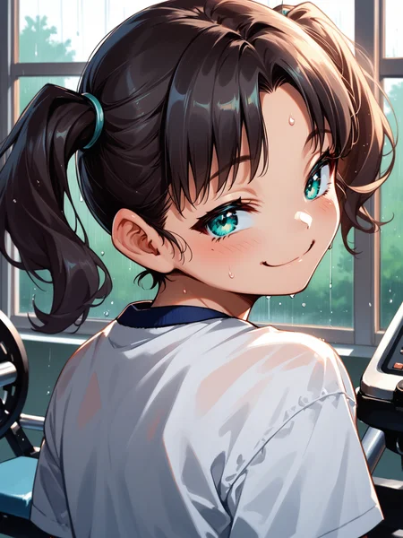 (upper body, solo focus:1.2) <lora:happy_tentacle-minori-v0.2-000027:1>, ht_minori, black hair, twintails, aqua eyes, , (petite:1.2), <lora:Shed_The_Skin's StS_age_slider_v1_initial_release:-1.2> ( :1.1) sweat ( ( head tilt :0.8) , , (naughty face :1.2) , smile , looking back :1.2) , indoors, ((dusk :0.6), rain :0.8), (open window :0.9), (furniture:0.9), , , , , ( :0.9), gym, training room, exercise machine, gym uniform ( :0.8) score_9, score_8_up, score_7_up, score_6_up, score_5_up, score_4_up, ( [(realistic, photorealistic:1.3):(realistic:1.2):14] [(3d:1.2)::12] :1) <lora:LUUNA's Lunas-NijiJourney-SDXL-B2:0.35>, nijijourney <lora:prgfrg23's Counterfeit-V3.0 Style SDXL_LoRA_Pony Diffusion V6 XL:0.5> <lora:mfcg's mfcgXL:0.12> <lora:reweik's gyokai(himehajime)_PonyXL_style_v01:0.14>