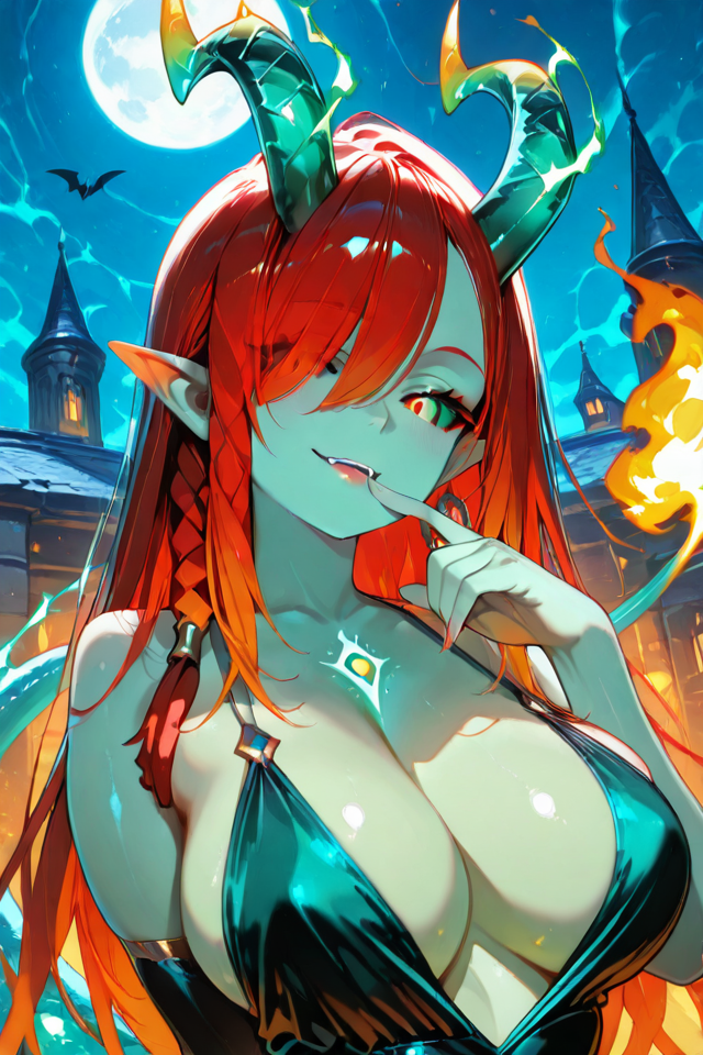 PonyScores, Expressiveh, (score_9, score_8_up, score_8, ASCII score_9), Rating 9, Rating 8, Rating 7, (Jade Obsidian Girl), (looking at viewer), 1girl, mature female, sexy, erotic, seductive, big breasts, large breasts, upper body, ultra-detailed, 32k, high detail, detailed, octane render, unreal engine, hyper detailed, ultra detail, (detailed background), (detailed face), illustration, CG, eyelashes, thick lines, soft lighting, absolutely eye-catching, (beautiful face), very awa, very aesthetic, absurdres, newest, portrait, center frame, apocalype, alluring, masterpiece, best quality, (seductive smile), parted lips, safe_pos, pinch dark, horror, from front, (natural beauty), (natural breasts), (ultra detail eyes), (beautiful sexy female), volumetric lighting, hdr, glowing plasma contur, (bioluminescence), Black Sclera, Horns, Dreadlocks, Pointy ears, Female Alien, Monster Girl, (tail, tail set aside, thick tail, triangular tipped tail), (sparking aura), powerful, energetic, vibrant, fire, (green aura), (spiked hair), (red hair:1.3), (bioluminescence hair), (fiery aura), (aura), perfect eyes, energy, electricity, (green electricity), (energy charging posture), (charging aura), (green skin), shadow, makeup, green theme, gradient, lips, (glowing fiery eyes:1.05), casual dress, sexy dress, ultra-HD, intricate textures, luminous lighting, cinematic ambiance, shimmering gradients, ethereal glow, deep contrast, soft volumetric fog, subtle particles, radiant reflections, rich color tones, seductive atmosphere, captivating sensuality, Cinematic Lighting, Shadow, backlit, backlighting, BREAK raytracing, volumetric lighting, ambient occlusion, shimmering particles in the air, intricate cinematic background, intimate and seductive, BREAK beautiful girl, jade horns, jade green, jade tail, (Sexy lips), (glowing-neon-green-dress), outdoors, day, blue sky, sun, <lora:JadeObsidianGirlillusV1ApexAi:1>, demon lord, white demon horns, black fur trim, red elbow gloves, black thigh boots, red eyes, pointy ears, long hair, white hair, hair over one eye, red strapless dress, licking finger, (blood), (fangs), bat \(animal\), castle, full moon,