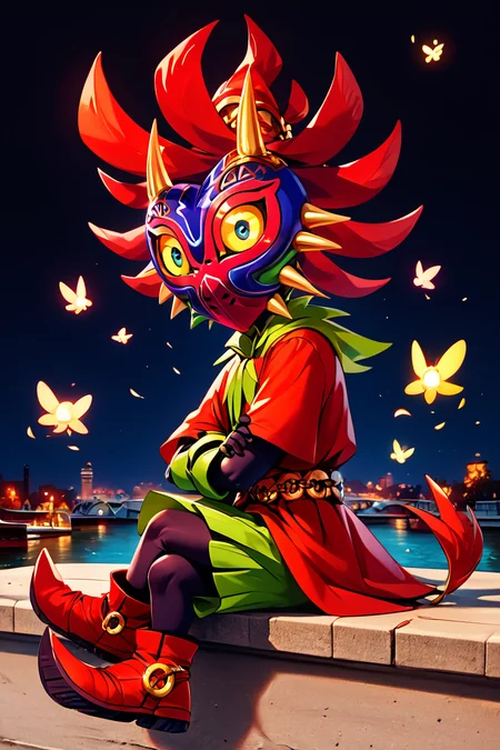score_9, score_8_up, score_8, BREAK, , zzMajora, spikes, yellow sclera, 1boy, mask, horns, glowing eyes, floating, looking at viewer, full body, male focus, boots, crossed arms, crossed legs, black background, red footwear, <lora:MajoraZelda_PDXL:0.8>,, BREAK, zzEiffelTower in background, sitting, watercraft, boat, sitting on wall, side view, looking at viewer, smile, ,,, BREAK, blooming stars, luminescent petals, otherworldly fragrance blurry background, ,,, embedding:zPDXL, Expressiveh, ,,, <lora:EiffelTowerPDXL:1.0>, <lora:CatalystStylePDXL:0.6>, <lora:SDXLFaeTastic2400:0.5>, <lora:Expressive_H-000001:0.4>,