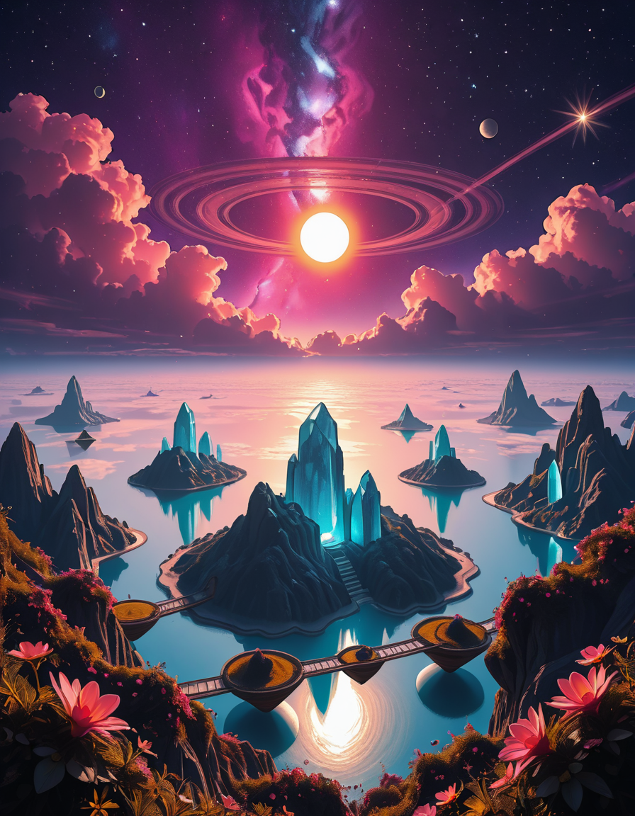 A breathtaking, high-resolution photograph of a celestial paradiseâa stunning, habitable planet floating in the vastness of space. The sky is a mesmerizing blend of deep purples, blues, and pinks, illuminated by twin suns casting golden light over the landscape. Towering crystal mountains shimmer in the distance, reflecting the vibrant hues of the nebula-filled sky. A vast, glowing ocean stretches across the horizon, its surface gently rippling with bioluminescent waves. Floating islands covered in lush, alien vegetation hover above the water, connected by natural bridges of luminescent vines. Exotic, radiant flowers bloom in every color imaginable, while gentle, ethereal creatures with translucent wings glide through the air. In the sky, a massive ringed gas giant looms majestically, its swirling clouds casting soft shadows over the dreamlike terrain. The air shimmers with floating particles of light, creating a surreal, otherworldly ambiance. The entire scene feels like a cosmic utopiaâtranquil, awe-inspiring, and untouched by time.
<lora:SDXLFaeTastic2400:0.4> <lora:extremely_detailed:0.4> extremely detailed,Celestial p4r4d1s3, <lora:Celestial_p4r4d1s3-i:1>, Masterpiece,best quality,hi res,8k,hi res,8k,award winning,(sharp focus, intricate, highly detailed),