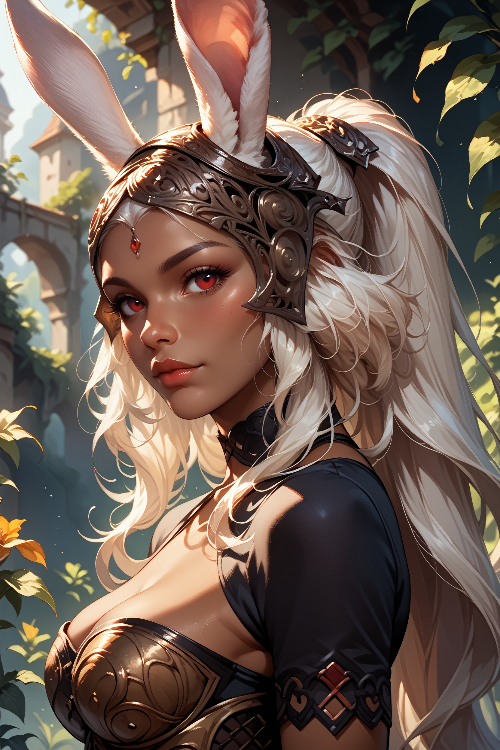 score_9, score_8_up, score_7_up, score_6_up
<lora:FFFran:0.8>
FFFran, 1girl, red eyes, rabbit ears, dark skin, white hair, long hair, ponytail, helmet, looking at viewer, portrait