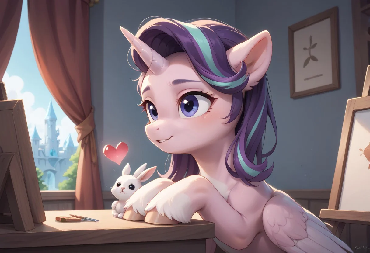 score_9, score_8_up, score_7_up, score_6_up, score_5_up, score_4_up, Starlight Glimmer, alicorn pony, g5, inside, rich colors, crystal castle, Crystal Empire, crystal heart in the center of the square, presents a painting of rabbits and pony, aroused, front view, detailed background, pony, solo, detailed, 8k quality, side view, beautiful, teasing, easel and brushes, leaned to the floor, close up, free actions,