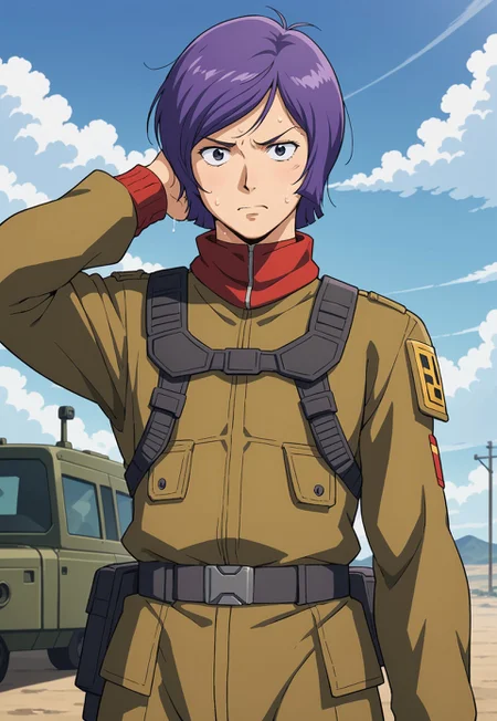 score_9, score_8_up, score_7_up, source_anime, cowboy shot, front view, BREAK, ( garma_zabi, black eyes, violet hair, best eyes, pained expression, dirty face, twirling hair, sweat, combat fatigues, ) 1boy, male focus, solo, BREAK, cloudy sky,