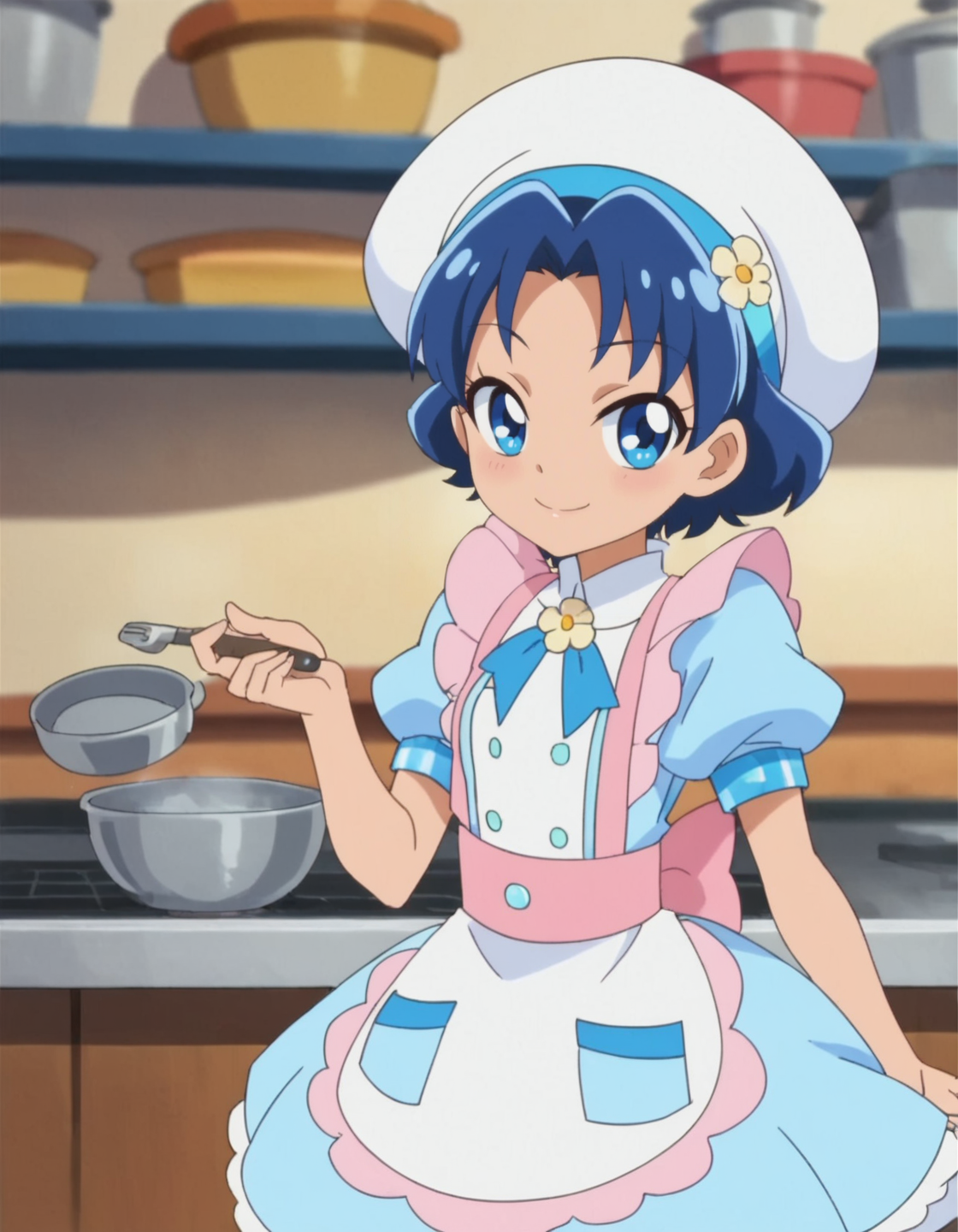 score_9, score_8_up, score_7_up, anime screencap, solo,1girl, tategamiaoi,smile,  hat,  apron, dress,puffy short sleeve,looking at viewer,cowboy shot,small breasts,<lora:tategamiaoi:0.8>
