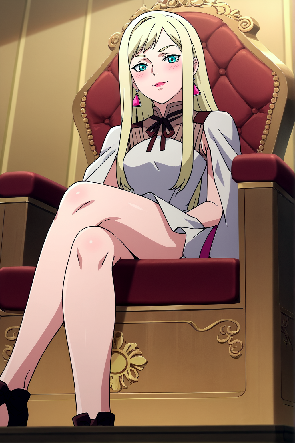 score_9, score_8_up, score_7_up,anime_source, source_anime, best background, detailed background, anime screencap,  Gigi Andlucia, Main Outfit, indoors, expressless, blush, naughty face, from below, sitting, crossed legs, throne, <lora:JN_GiGi_Andlucia:0.8>