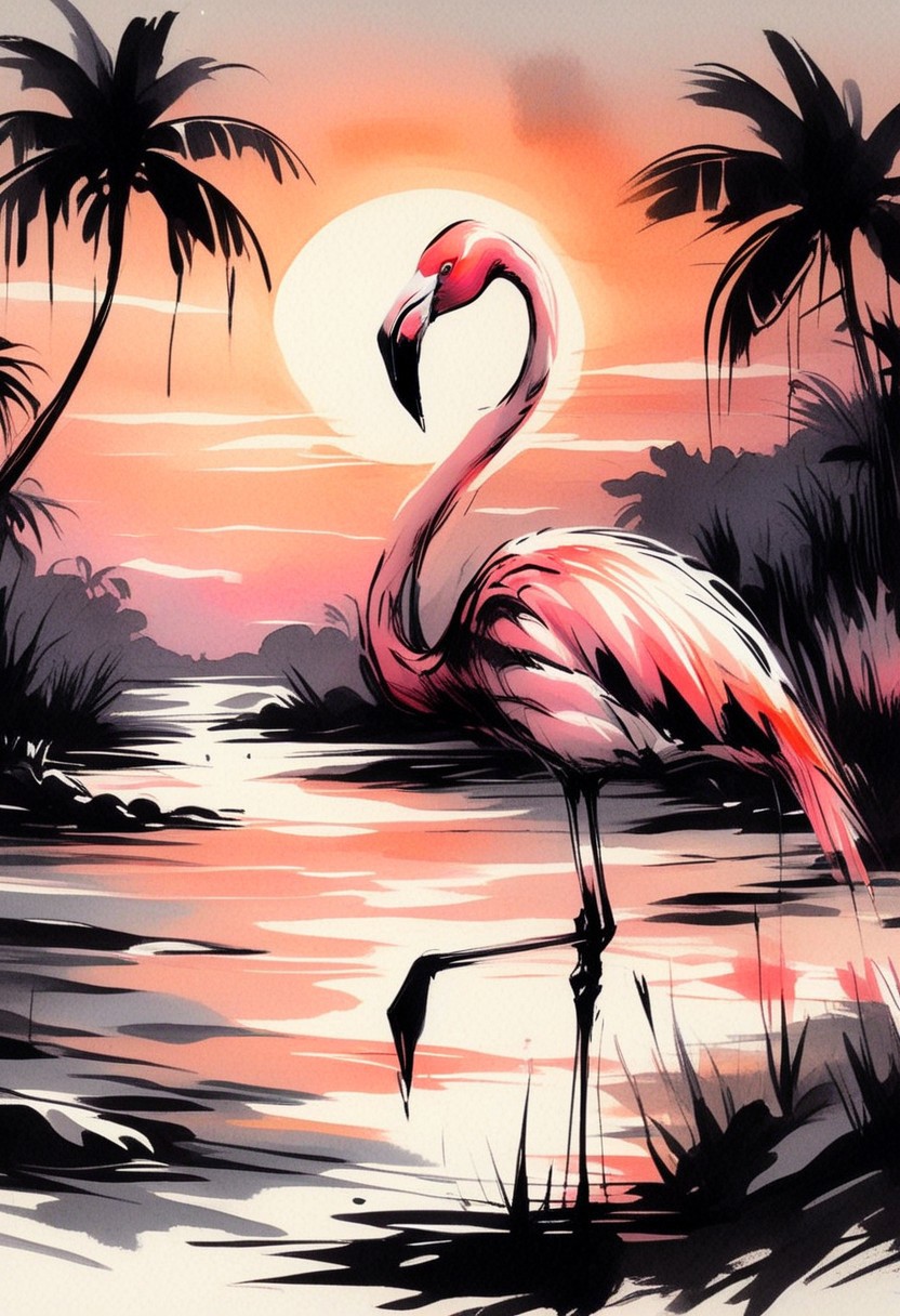 inksketch, A flamingo, sunset, jungle,