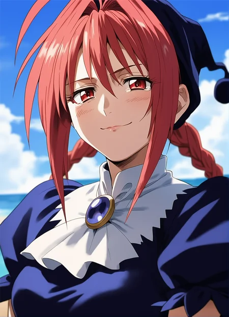 score_9,score_8_up,score_7_up,
<lora:dorothy>,doroshii,1girl,solo,
pale skin,red eyes,
long pink hair,ahoge,bangs,two braided pigtails,
black cap with ball on end,
black dress,short puffed sleeves,white collar,mail coach tie,dark purple jewel on tie,tight around torso,
looking at viewer, half-closed eyes, smile, deeply grateful expression, tearful and overwhelmed with thankfulness, tearful eyes, lips, closed mouth, facing viewer, portrait,
outdoors,blue sky,soft clouds drifting,summer,beach,
vignetting,blurry background,