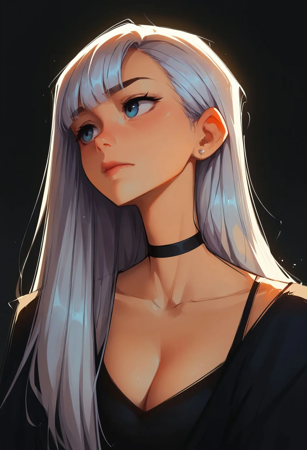 score_9,score_8_up,core_7_up, <lora:samdoesarts_pdxl_v1:1> 1girl, solo, long hair, choker, black choker, closed mouth, breasts, jewelry, cleavage, earrings, portrait, black background, upper body, bangs, collarbone