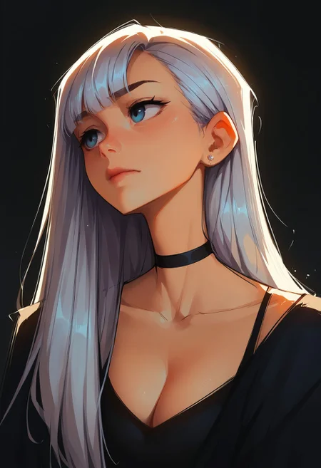 score_9,score_8_up,core_7_up, <lora:samdoesarts_pdxl_v1:1> 1girl, solo, long hair, choker, black choker, closed mouth, breasts, jewelry, cleavage, earrings, portrait, black background, upper body, bangs, collarbone