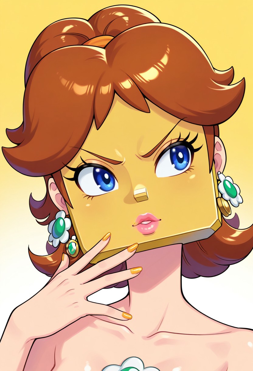 (DaisyMKW1ILXLV1.0v01|coinblock head, gold block head), 1girl, hair under block, princess daisy, parted bangs, ponytail, hair flaps, flipped hair, sidelocks, medium hair, alternate hairstyle, brown hair, v-shaped eyebrows, eyelashes, blue eyes, lips, pink lips, collarbone, nail polish, toenails, toenail polish, block overlapping head, block overlapping ears, no ears, floating earrings,