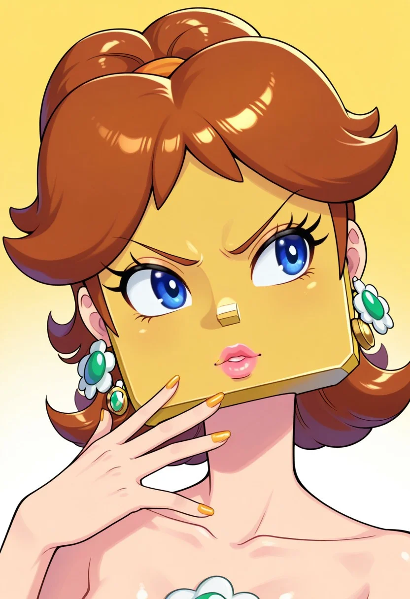 (DaisyMKW1ILXLV1.0v01|coinblock head, gold block head), 1girl, hair under block, princess daisy, parted bangs, ponytail, hair flaps, flipped hair, sidelocks, medium hair, alternate hairstyle, brown hair, v-shaped eyebrows, eyelashes, blue eyes, lips, pink lips, collarbone, nail polish, toenails, toenail polish, block overlapping head, block overlapping ears, no ears, floating earrings,