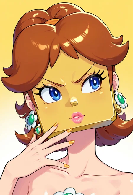 (DaisyMKW1ILXLV1.0v01|coinblock head, gold block head), 1girl, hair under block, princess daisy, parted bangs, ponytail, hair flaps, flipped hair, sidelocks, medium hair, alternate hairstyle, brown hair, v-shaped eyebrows, eyelashes, blue eyes, lips, pink lips, collarbone, nail polish, toenails, toenail polish, block overlapping head, block overlapping ears, no ears, floating earrings,