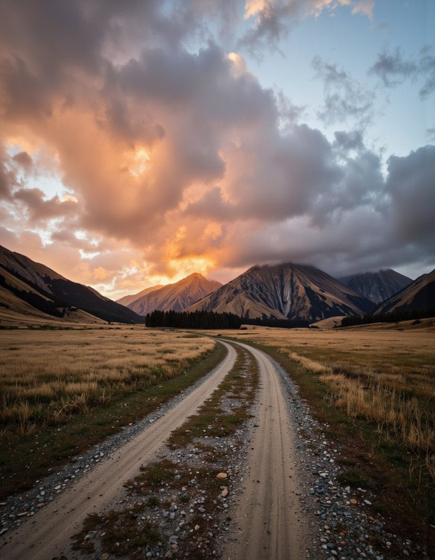 By Maria Isabel Ruiz. A photograph of a dirt road winding through a grassy plain with distant mountains in the background during sunset. the sky is filled with dramatic clouds, casting a warm orange glow over the landscape. the road is in the middle of the image, with the grass on either side and the rocky mountains stretching out in the distance. the scene is peaceful and serene, with no other objects or people present in the frame. the atmosphere is one of tranquility and serenity, with a sense of solitude and solitude. the image is shot from a distance, capturing the vastness of the landscape and the winding road that leads to the distant mountains.