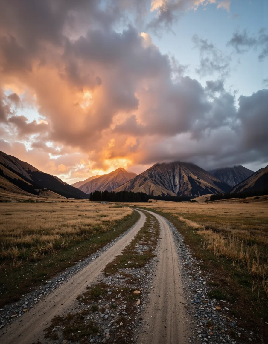 By Maria Isabel Ruiz. A photograph of a dirt road winding through a grassy plain with distant mountains in the background during sunset. the sky is filled with dramatic clouds, casting a warm orange glow over the landscape. the road is in the middle of the image, with the grass on either side and the rocky mountains stretching out in the distance. the scene is peaceful and serene, with no other objects or people present in the frame. the atmosphere is one of tranquility and serenity, with a sense of solitude and solitude. the image is shot from a distance, capturing the vastness of the landscape and the winding road that leads to the distant mountains.
