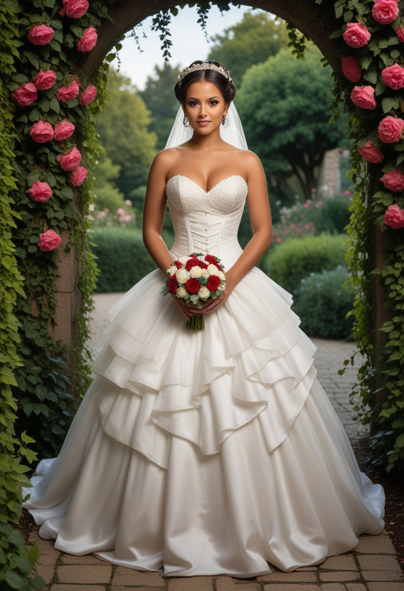 (medium full shot) of  (sexy bride) young woman, spanish, dark brown eyes, tan skin, tan skin, dark Blue eyes, full-figured, short dark double buns hair,  wearing Satin corset with ribbon lacing, tulle ball gown skirt with satin waistband, floral wreath headband, satin sandals, wedding veil with lace, sparkling tiara adorned with pearls, holding a bouquet of cascading bouquet of cascading amaranthus and trailing greenery, set in  Castle Garden, Secret garden hidden behind ivy-covered walls, secluded stone bench nestled among bushes, meandering stream lined with wildflowers, a canopy of climbing roses overhead , at night, surprised, open mouth, running toward the viewer, Masterpiece,best quality, photorealistic, amazing quality, very aesthetic, extremely detailed face,