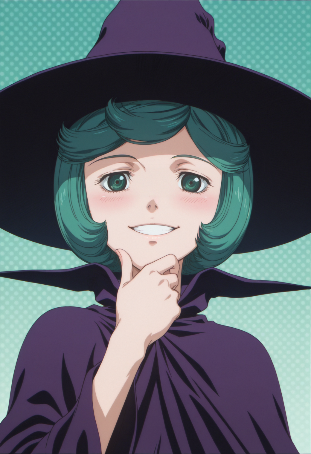 anime screencap, anime coloring, 1girl,  solo,    <lora:DX888SchierkeIL:1>schierke, bob cut, green hair, green eyes, witch, witch hat, cape BREAK green background, dotted background, BREAK dutch angle,  from below, dynamic pose, posing,  ,grin, blush,   stroking own chin, fetal position,