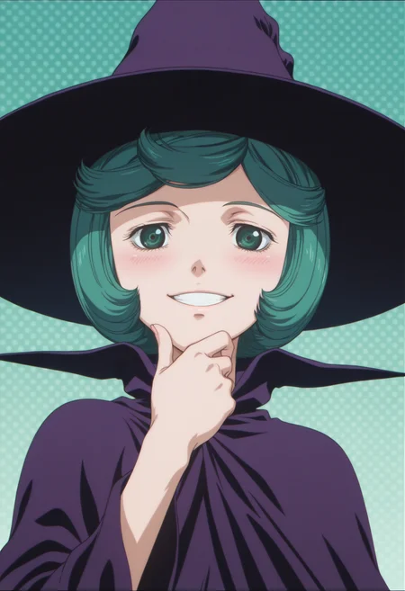 anime screencap, anime coloring, 1girl, solo, <lora:DX888SchierkeIL:1>schierke, bob cut, green hair, green eyes, witch, witch hat, cape BREAK green background, dotted background, BREAK dutch angle, from below, dynamic pose, posing, ,grin, blush, stroking own chin, fetal position,
