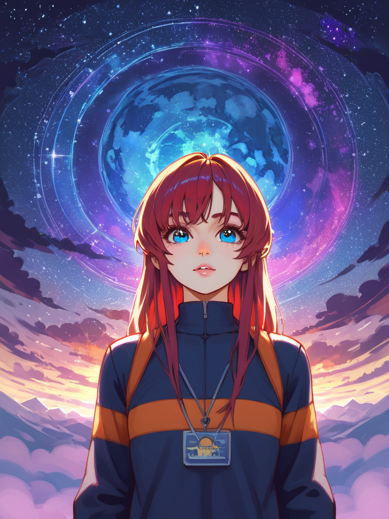 PDXL, <lora:KajpoV1:1>, k4jp0, volumetric reflections, volumetric shadows, HDR, shot on Canon DSLR,
1girl, cute face, detailed eyes, long red hair, blue eyes, upper body BREAK galaxy in the background, clouds