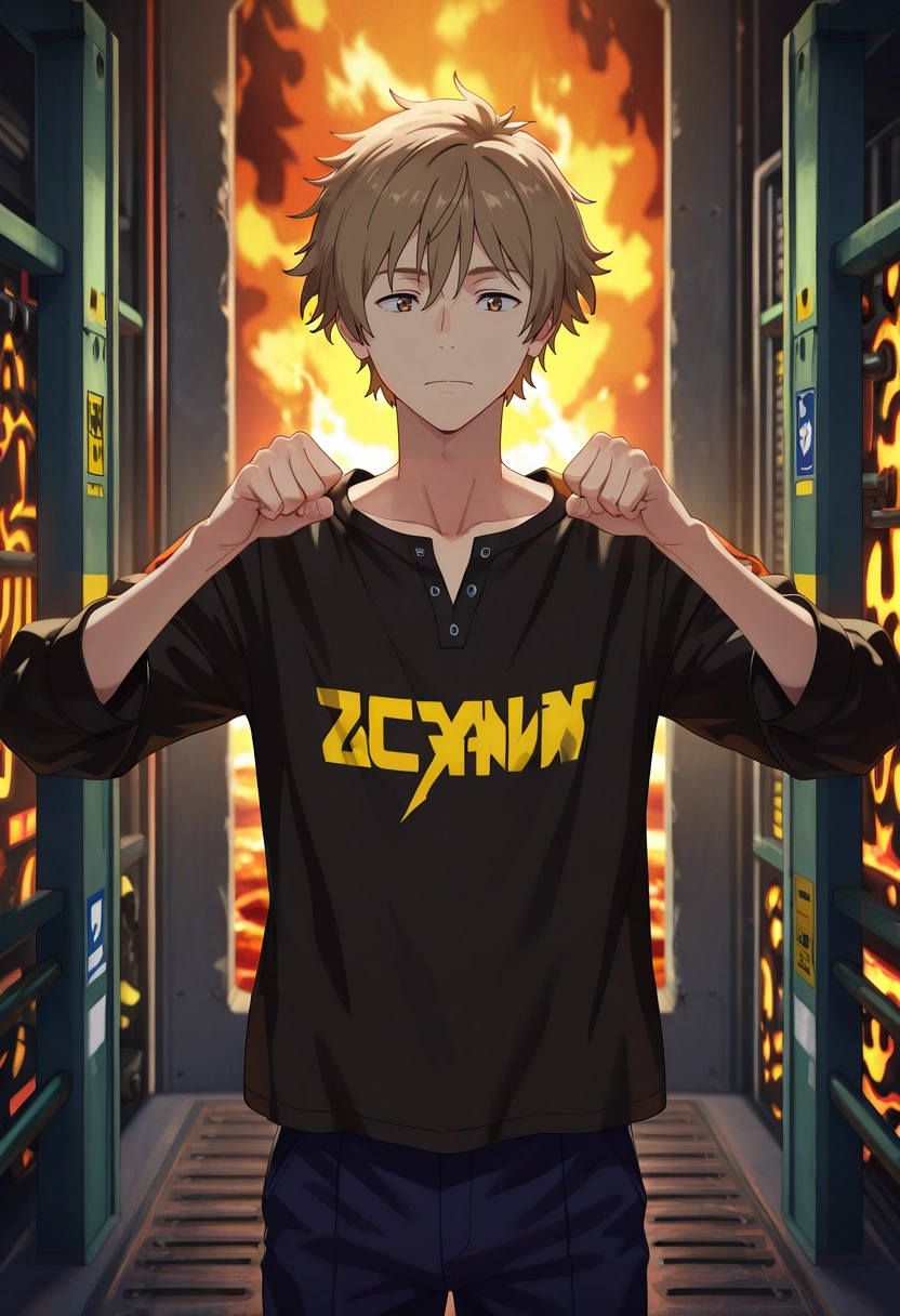 masterpiece, best quality, intricate details, (3d:0.4), , 1boy, solo, male focus, <lora:shun_hashimoto_ilxl:0.96>, shun_hashimoto, brown hair, brown eyes, short hair, volcanic forge, lava flows, anvil station, tool racks, smithing pose, focused expression, fire lighting, Dress pants, Graphic long-sleeve shirt, Espadrilles, , and