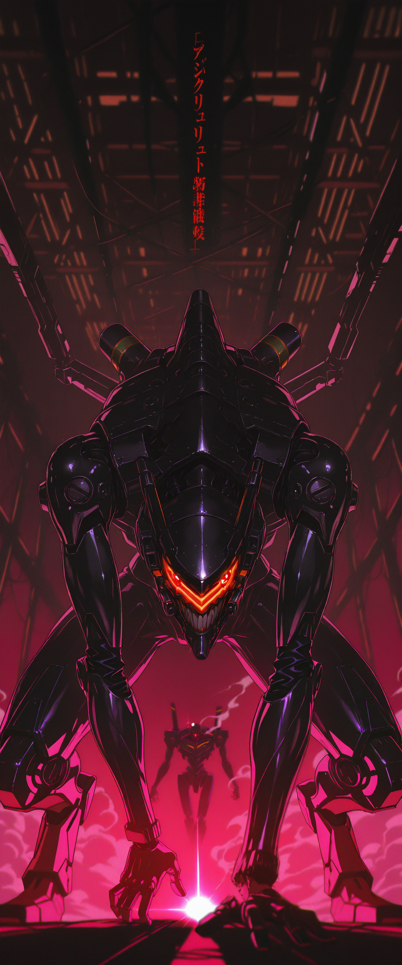 ((absurdres, high_quality, masterpiece)), (dynamic_angle, foreshortening, depth_of_field), blurry_background, (anime_coloring, flat_colors, cel-shaded), (lens_flare), chromatic_aberration, scanlines, (grainy_texture:1.4), (film_grain:1.3), retro_artstyle, 1980s_\(style\), (1990s_\(style\)), vhs_artifacting, halftone, limited_palette, neon_lighting)
(D4rkR3troSc1f1, no_humans, solo, mecha, mech, cyborg, mechanical_parts, interior, smoke, fog, hangar, armored, mechanical_jaw, sharp_teeth, glowing_eye, neon_genesis_evangelion, eva_unit, berserk_mode, angel_(evangelion), red_eyes, evil_smile, sinister_expression, 
dynamic_angle, dramatic_lighting, glint, chromatic_aberration, shadow, dark_theme, dark_background, neon_accents, 
cyberpunk, visor, robotic_face, metallic_surface, menacing, villainous, ominous, horror_(theme), body_horror, futuristic, 
sci-fi, high_contrast, glowing_components, damaged, broken_armor, exposed_mechanics, cracked_visor)