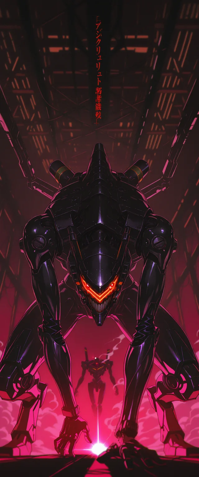 ((absurdres, high_quality, masterpiece)), (dynamic_angle, foreshortening, depth_of_field), blurry_background, (anime_coloring, flat_colors, cel-shaded), (lens_flare), chromatic_aberration, scanlines, (grainy_texture:1.4), (film_grain:1.3), retro_artstyle, 1980s_\(style\), (1990s_\(style\)), vhs_artifacting, halftone, limited_palette, neon_lighting)
(D4rkR3troSc1f1, no_humans, solo, mecha, mech, cyborg, mechanical_parts, interior, smoke, fog, hangar, armored, mechanical_jaw, sharp_teeth, glowing_eye, neon_genesis_evangelion, eva_unit, berserk_mode, angel_(evangelion), red_eyes, evil_smile, sinister_expression,
dynamic_angle, dramatic_lighting, glint, chromatic_aberration, shadow, dark_theme, dark_background, neon_accents,
cyberpunk, visor, robotic_face, metallic_surface, menacing, villainous, ominous, horror_(theme), body_horror, futuristic,
sci-fi, high_contrast, glowing_components, damaged, broken_armor, exposed_mechanics, cracked_visor)