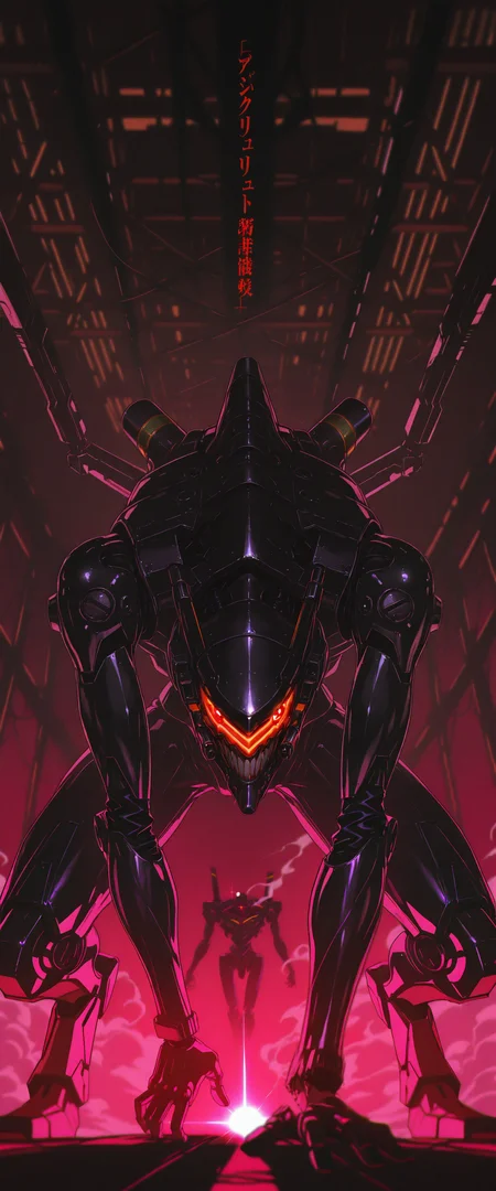 ((absurdres, high_quality, masterpiece)), (dynamic_angle, foreshortening, depth_of_field), blurry_background, (anime_coloring, flat_colors, cel-shaded), (lens_flare), chromatic_aberration, scanlines, (grainy_texture:1.4), (film_grain:1.3), retro_artstyle, 1980s_\(style\), (1990s_\(style\)), vhs_artifacting, halftone, limited_palette, neon_lighting)
(D4rkR3troSc1f1, no_humans, solo, mecha, mech, cyborg, mechanical_parts, interior, smoke, fog, hangar, armored, mechanical_jaw, sharp_teeth, glowing_eye, neon_genesis_evangelion, eva_unit, berserk_mode, angel_(evangelion), red_eyes, evil_smile, sinister_expression, 
dynamic_angle, dramatic_lighting, glint, chromatic_aberration, shadow, dark_theme, dark_background, neon_accents, 
cyberpunk, visor, robotic_face, metallic_surface, menacing, villainous, ominous, horror_(theme), body_horror, futuristic, 
sci-fi, high_contrast, glowing_components, damaged, broken_armor, exposed_mechanics, cracked_visor)